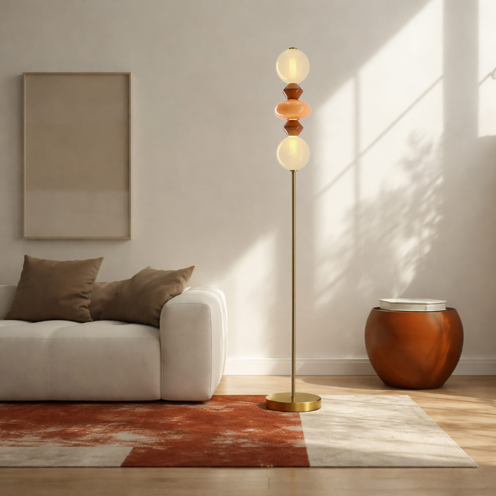 Levně FLORES lampa podłogowa mosiężny+brązowy+pomarańczowy 15W LED 3000K klosz biały
