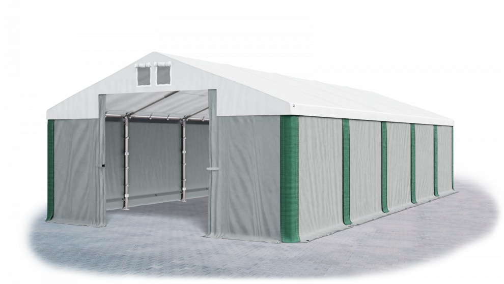 Skladový stan 5x10x2,5m střecha PVC 560g/m2 boky PVC 500g/m2 konstrukce ZIMA PLUS Šedá Bílá Zelená