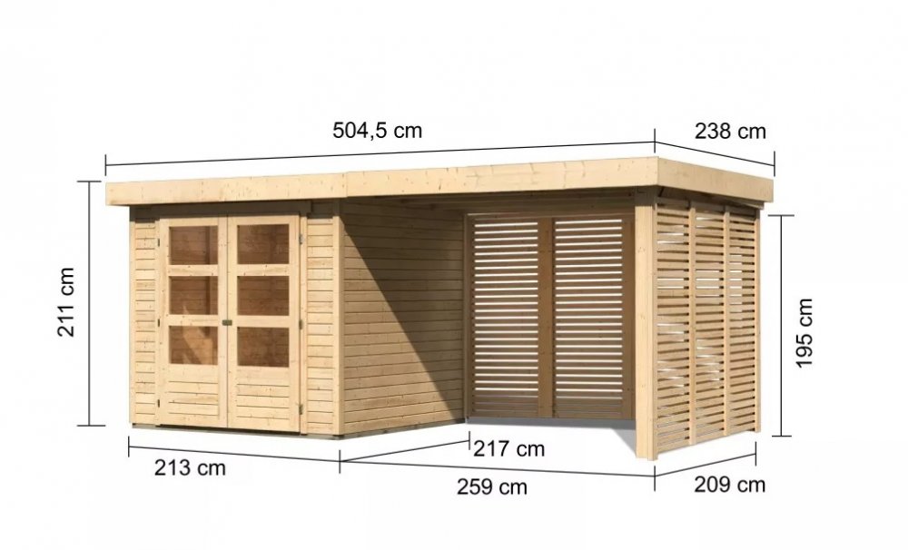 Drevený záhradný domček ASKOLA 2 s prístavkom Lanitplast 280 cm