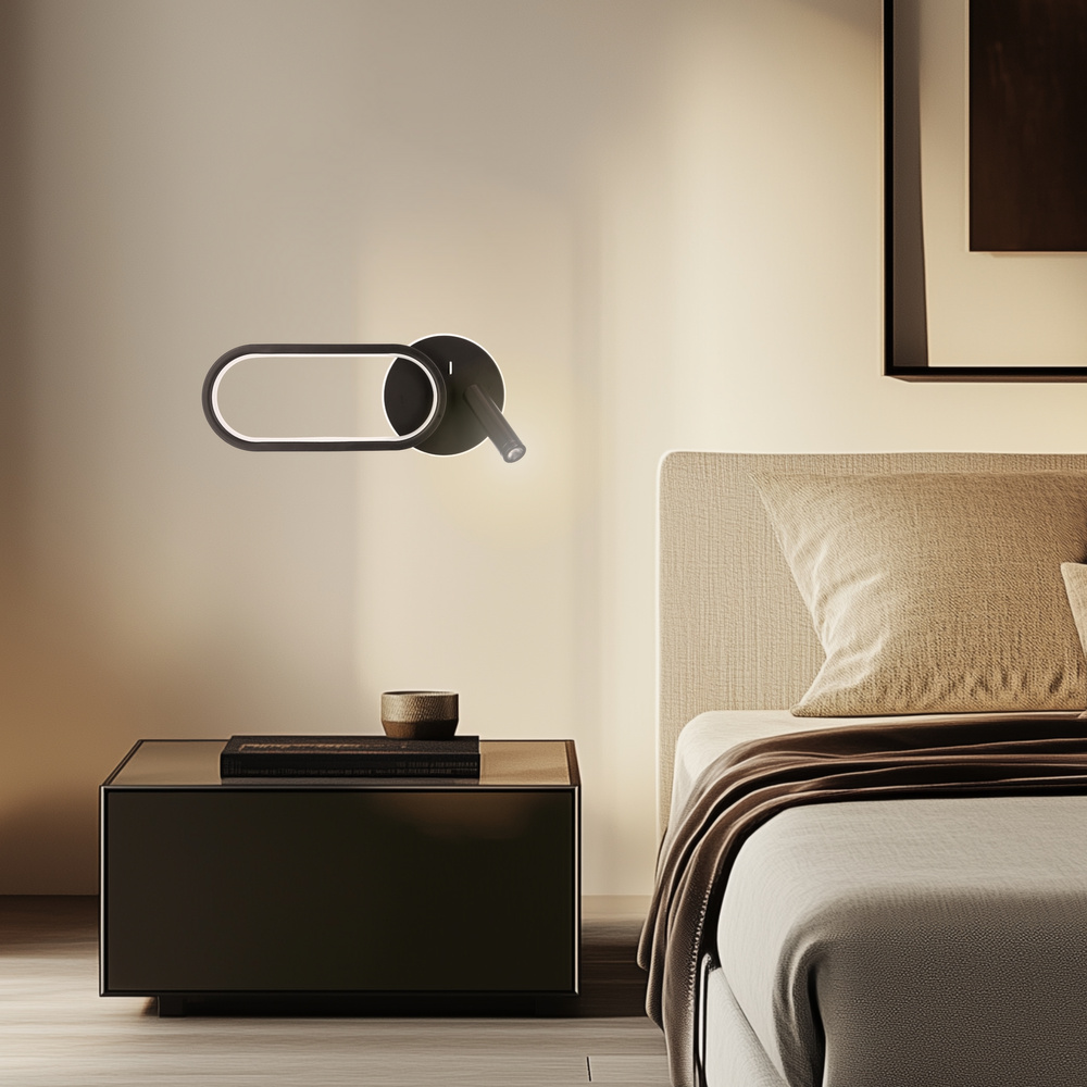Nástenná lampa MONET oválna čierna 13W LED 3000K, 4000K, biele tienidlo 6000K