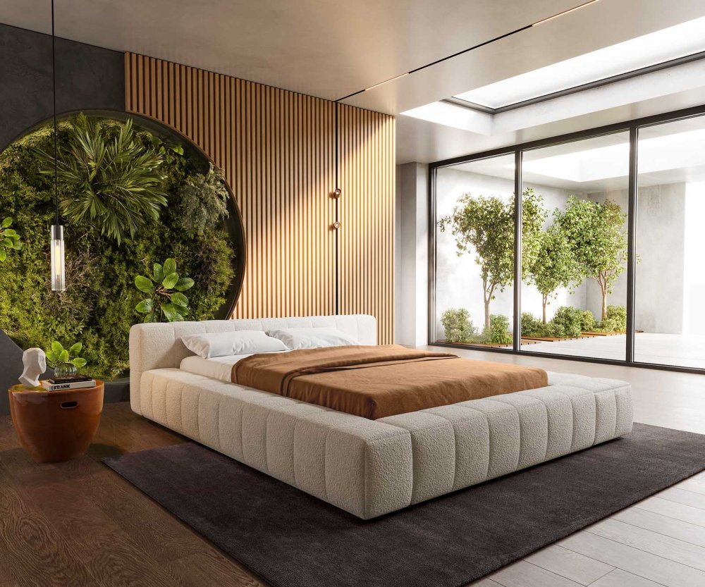 Čalúnená posteľ Espazio 140x200 cm bouclé krémovo biela s úložným