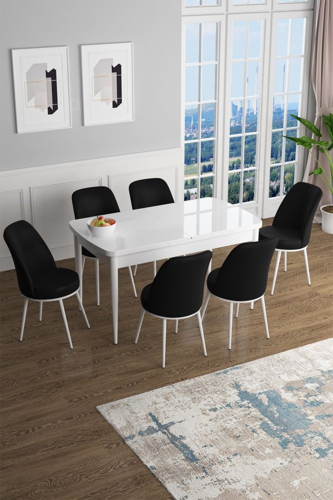 Extendable Dining Table & Chairs Set (7 Pieces) Han - White, Black
