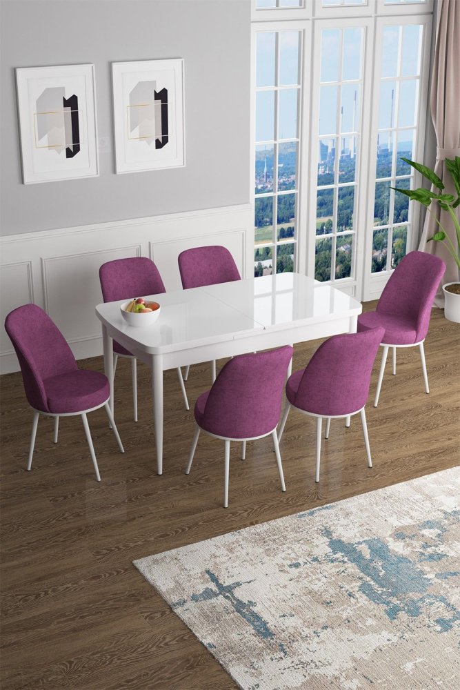 Extendable Dining Table & Chairs Set (7 Pieces) Han - White, Purple
