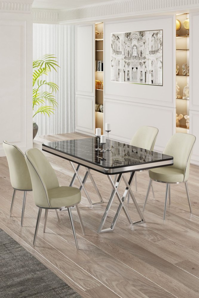Dining Table & Chairs Set (5 Pieces) Vals - Black Marble, Chrome, Cream