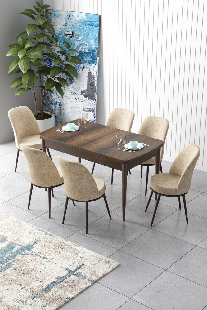 Extendable Dining Table & Chairs Set (7 Pieces) Zen - Baroque, Cream