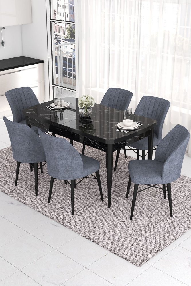 Extendable Dining Table & Chairs Set (7 Pieces) Eva - Black Marble, Fume