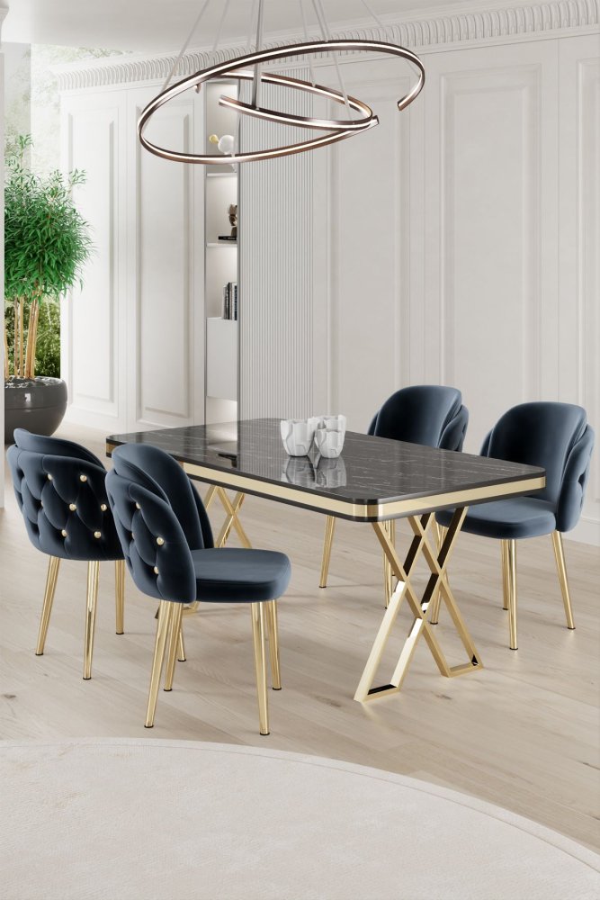 Dining Table & Chairs Set (5 Pieces) Rigel - Black Marble, Gold, Anthracite