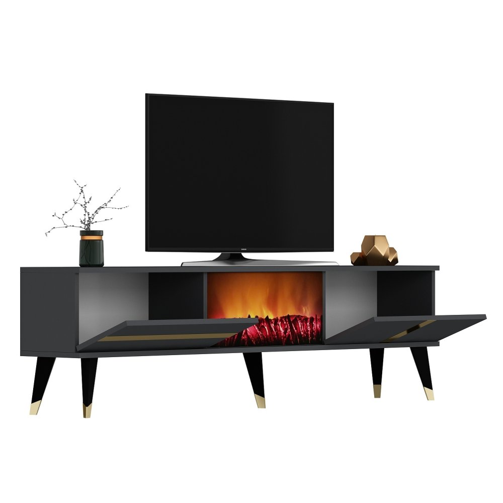 TV stolík Vania Fireplace - Anthracite, Gold