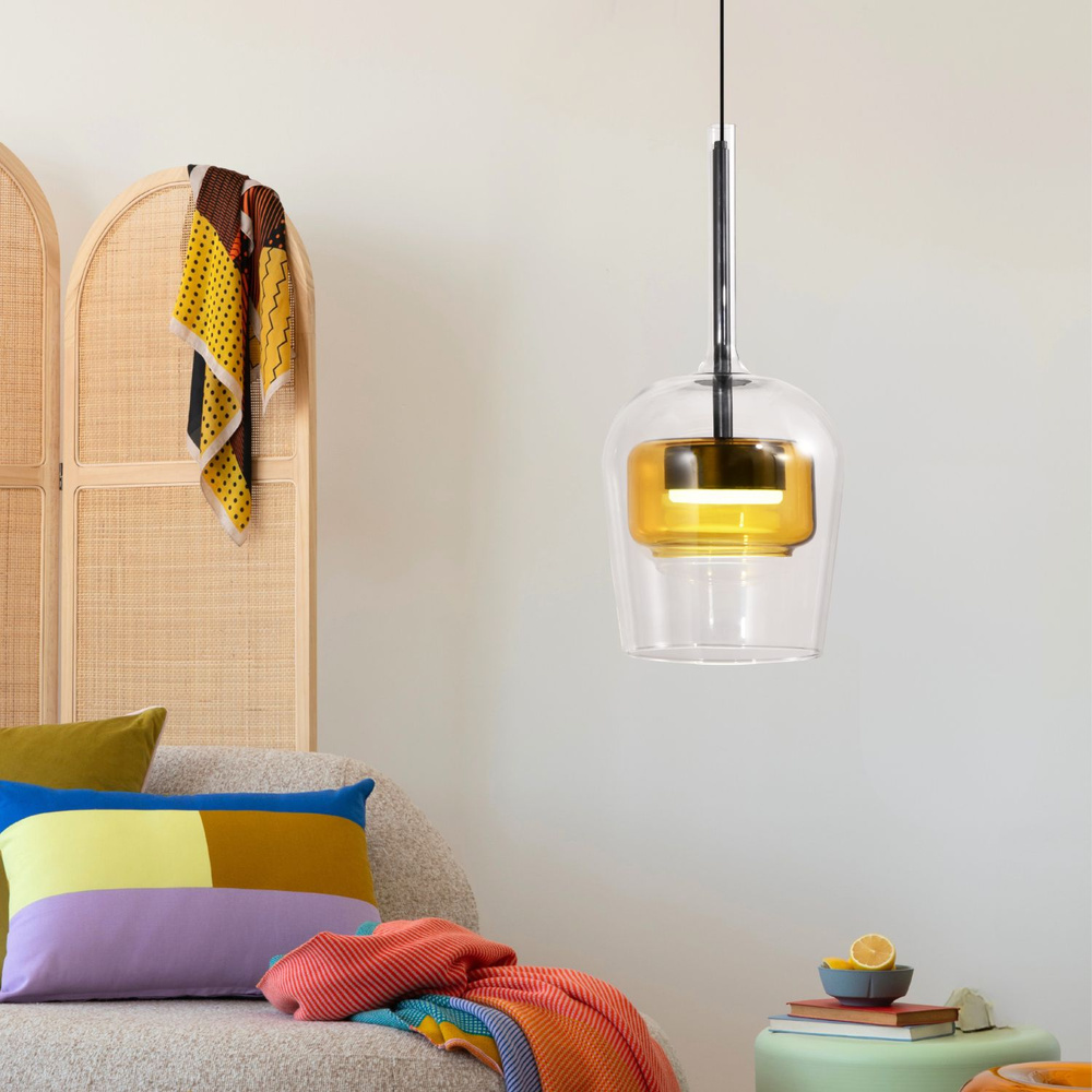 Lampa wisząca Glaxi szklana podwójny klosz transparentny i żółty GX53