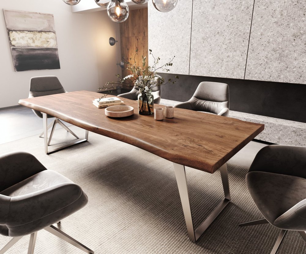 Jídelní stůl Edge 260x100 cm XL akácie hnědá nerezová ocel stříbrná