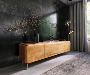 TV stolík Shavani 200 cm akácia prírodná 4 dvierka podstava oválna