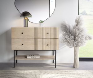 Komoda Neria 100 cm mango bílé světlé 2 zásuvky černý kov