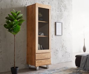 Vitrína Live Edge 60x190 cm akácie přírodní hrana 1 dvířka 2 zásuvky