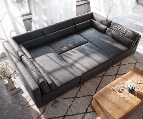 Pohovka ve tvaru "U" Elio 300x185 cm imitace kůže vintage antracitová
