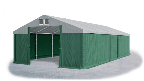 Skladový stan 5x10x2,5m strecha PVC 560g/m2 boky PVC 500g/m2 konštrukcie ZIMA PLUS - Barva střešní plachty: Šedá, Barva boční plachty: Zelená, Barva svislých pruhů: Zelená