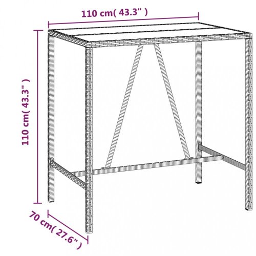 Barový stůl se skleněnou deskou šedý 110x70x110 cm polyratan