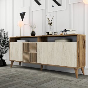 Konzolový stolek / Komoda Milan - Walnut, Travertine