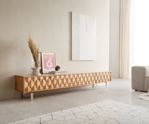 TV stolek Fevo 220 cm přírodní dub 4 dvířka podnož ve tvaru "L"