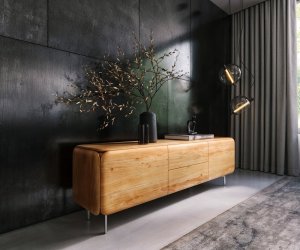 TV stolík Shavani 175 cm akácia prírodná 2 dvierka 2 zásuvky oválna