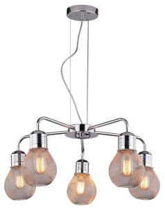 Závěsná lampa s chromovaným drátěným stínidlem 5x60W, nastavitelná