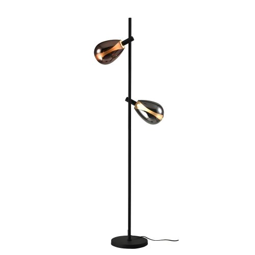 Lampa podłogowa Denso czarna dwupunktowa szklane klosze dymiony i miedziany