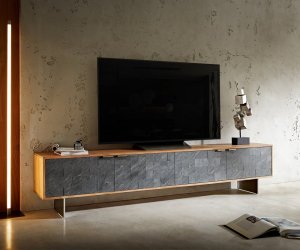 TV stolek Teele 220 cm přírodní akácie břidlice 4 dvířka podnož