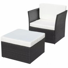 vidaXL Zahradní židle se stoličkou, polyratan, černá