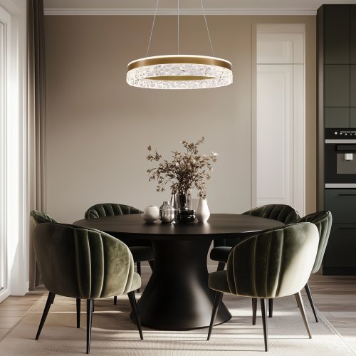 Okouzlující závěsná lampa FROZI – zlaté stínidlo s krystaly – elegantní a moderní LED osvětlení obývacího pokoje