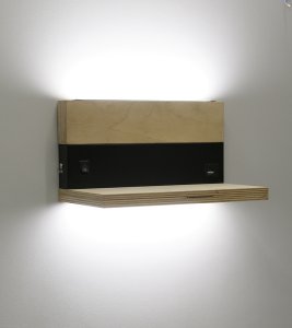 Nástěnná lampa Anet, dřevěná+černá, s poličkou, 4000K