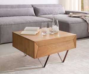 Konferenční stolek Kayu 60x60x20 cm přírodní akácie 2 zásuvky