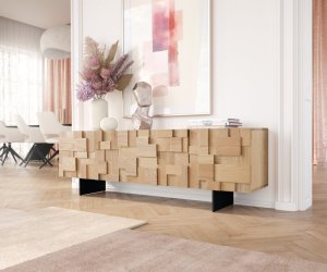 TV stolek Puzzle 175x35x55 cm přírodní dub 4 dvířka kov černá