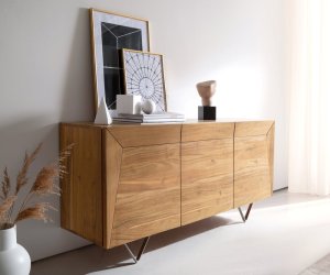 Komoda Kayu 145x40x70 cm přírodní akácie 3 dvířka podnož ve tvaru "V"