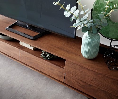 TV stolek Eloi 240x35 cm akácie hnědá 2 dvířka 2 zásuvky podnož ve