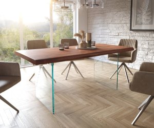DELIFE Jídelní stůl Edge 180x90 cm XL akácie hnědá skleněná podnož