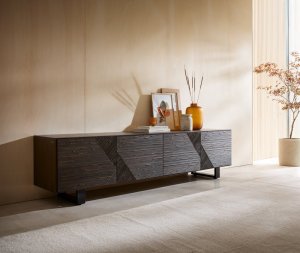 TV stolík Tereos 220 cm jaseň tmavohnedá 3D efekt 4 dvierka kovová