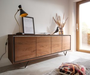 Komoda Stonegrace 200 cm akácie hnědá kamenina 4 dvířka podnož ve