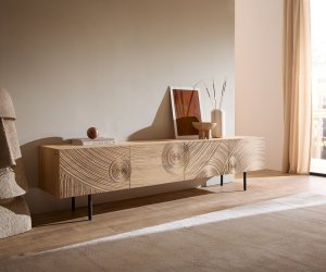 TV stolek Ashara 220 cm dub přírodní 3D efekt 4 dvířka kulatá podnož