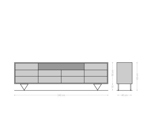 Komoda Eloi 240x40 cm akácie hnědá 2 dvířka 4 zásuvky podnož ve tvaru