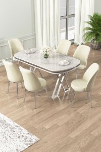 Dining Table & Chairs Set (7 Pieces) Lai - White, Chrome, Cream