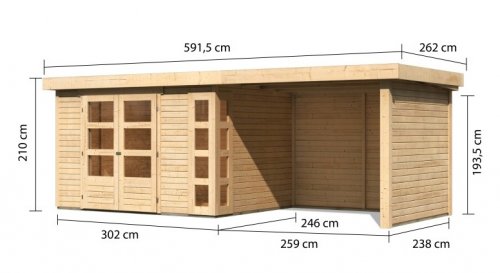 Dřevěný zahradní domek KERKO 5 s přístavkem 280 Dekorhome - BAREVNÁ VARIANTA: Přírodní dřevo