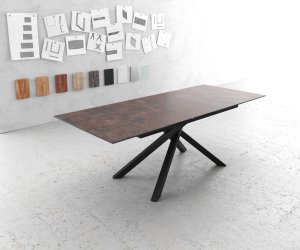 Jídelní stůl Edge 180/220x90 cm sklo hnědé vintage křížová podnož