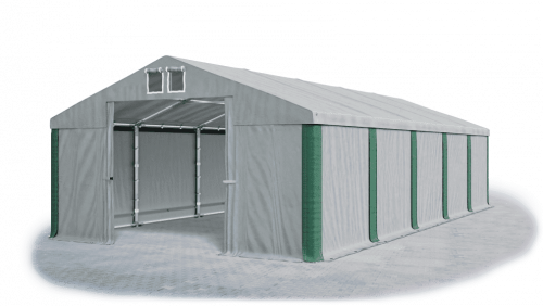 Skladový stan 5x10x2,5m střecha PVC 560g/m2 boky PVC 500g/m2 konstrukce ZIMA PLUS - Barva střešní plachty: Šedá, Barva boční plachty: Šedá, Barva svislých pruhů: Zelená