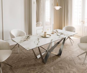 Jedálenský stôl Edge 180-220x100 keramický Calacatta Luxe biely