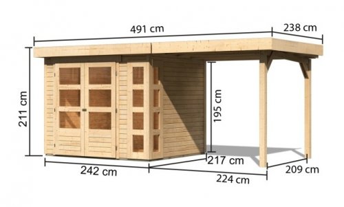 Dřevěný zahradní domek KERKO 3 s přístavkem 240 Dekorhome - BAREVNÁ VARIANTA: Přírodní dřevo