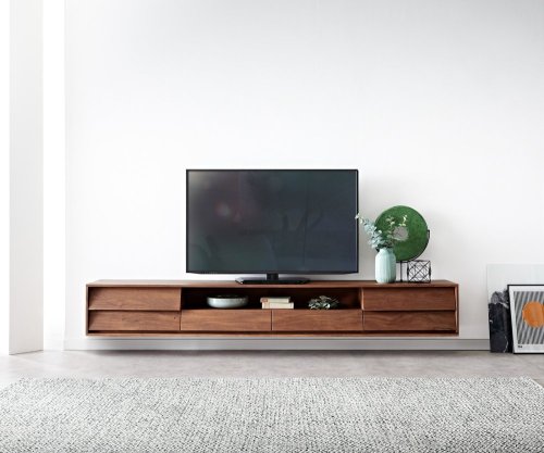 TV stolek Eloi 240x35 cm akácie hnědá 2 dvířka 2 zásuvky závěsné