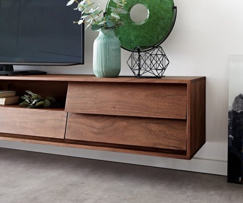 TV stolek Eloi 240x35 cm akácie hnědá 2 dvířka 2 zásuvky závěsné