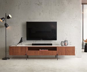 TV stolek Secara 220 cm akácie hnědá 2 dvířka 2 zásuvky