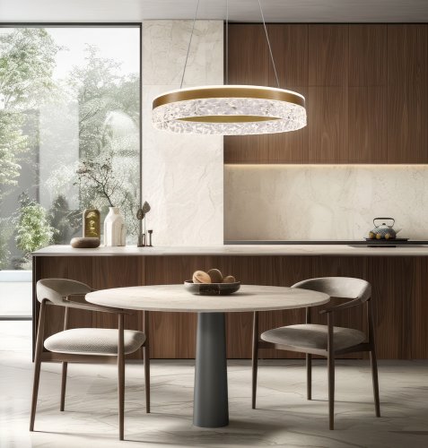 Okouzlující závěsná lampa FROZI – zlaté stínidlo s krystaly – elegantní a moderní LED osvětlení obývacího pokoje
