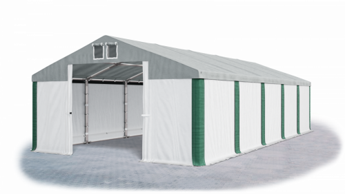Skladový stan 5x10x2,5m střecha PVC 560g/m2 boky PVC 500g/m2 konstrukce ZIMA PLUS - Barva střešní plachty: Šedá, Barva boční plachty: Bílá, Barva svislých pruhů: Zelená