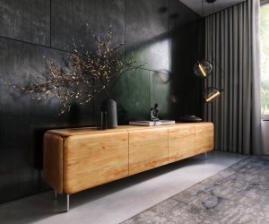 TV stolík Shavani 220 cm akácia prírodná 4 dvierka podstava oválny